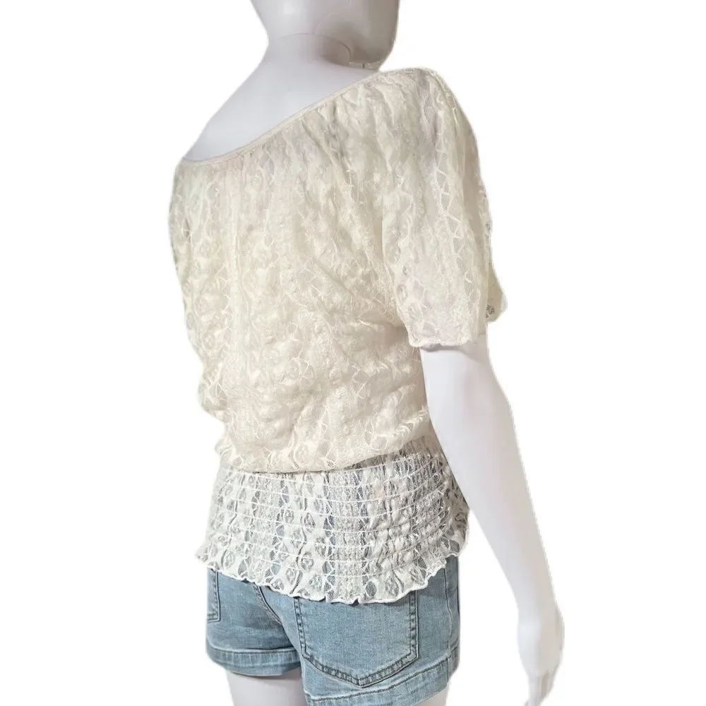 Cream Lace  Smocked Waist Top